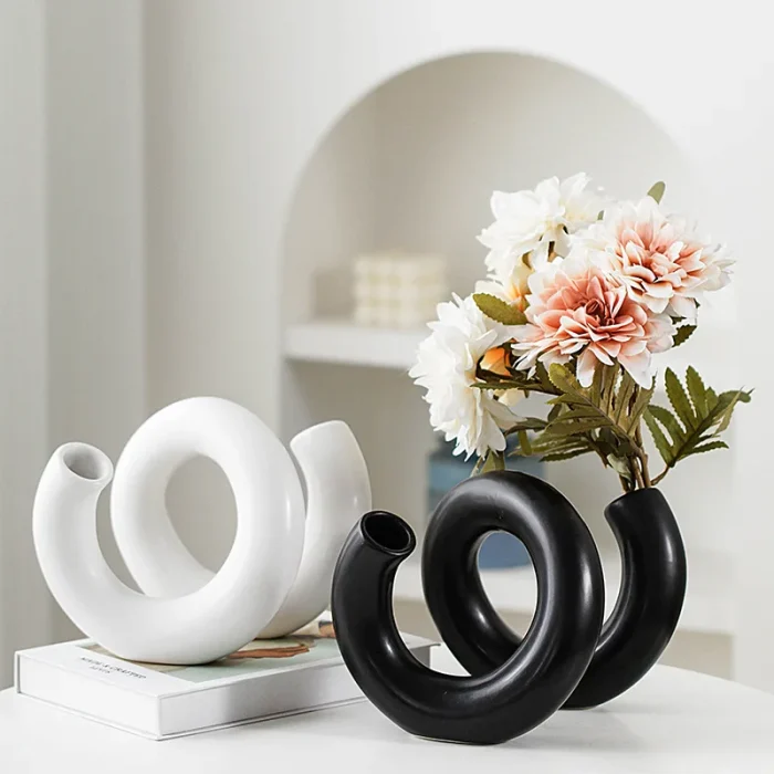 Nordic Double Ceramic Vase Ornaments Living Room Office Desktop Flower Arrangement Container New Year Background Wall Decorative 1