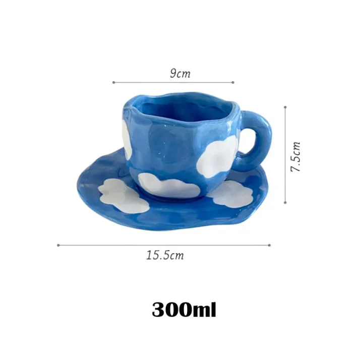 Hand Painted The Blue Sky and White Clouds mug Coffee Cup With Saucer Nordic ins Ceramic Handmade Tea Cup Saucer Set Cute Gift 6