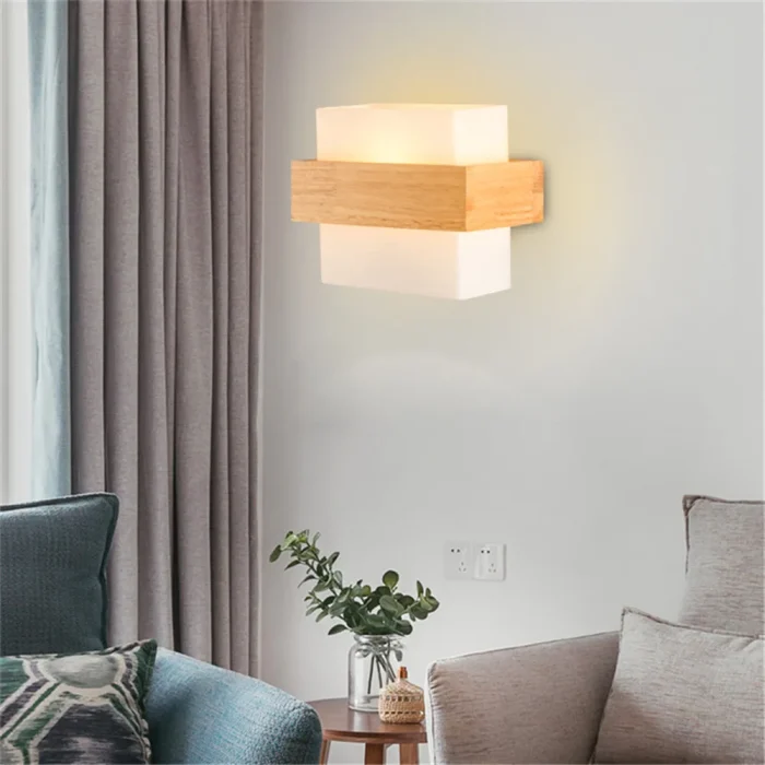 Modern Wall Lamp Japaniese Style Bedside Wood Glass Lampshade Bedroom Sconce for Aisle Corridor Restaurant Background Wall Light 3