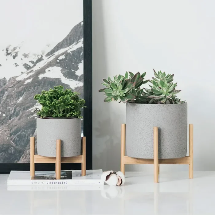 Flower Pot Nordic Desktop Solid Wood Flower Stand Cement Fleshy Flower Pots Creative Simple Living Room Balcony Assembly Cement 3