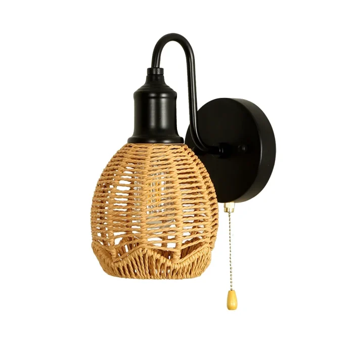 Bedroom Bedside Aisle Background Wall Lamp Rattan Pastoral Style Zipper Modern Woven Cage Lamp Pull Cord Wall Lamp 5