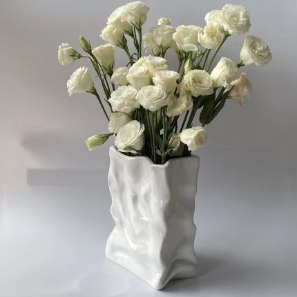 Ins Nordic Handbags Ceramic Vase White Square Rope Pleated Paper Bags Flower Pot Water Planting Room Home Decoration Accessories 1