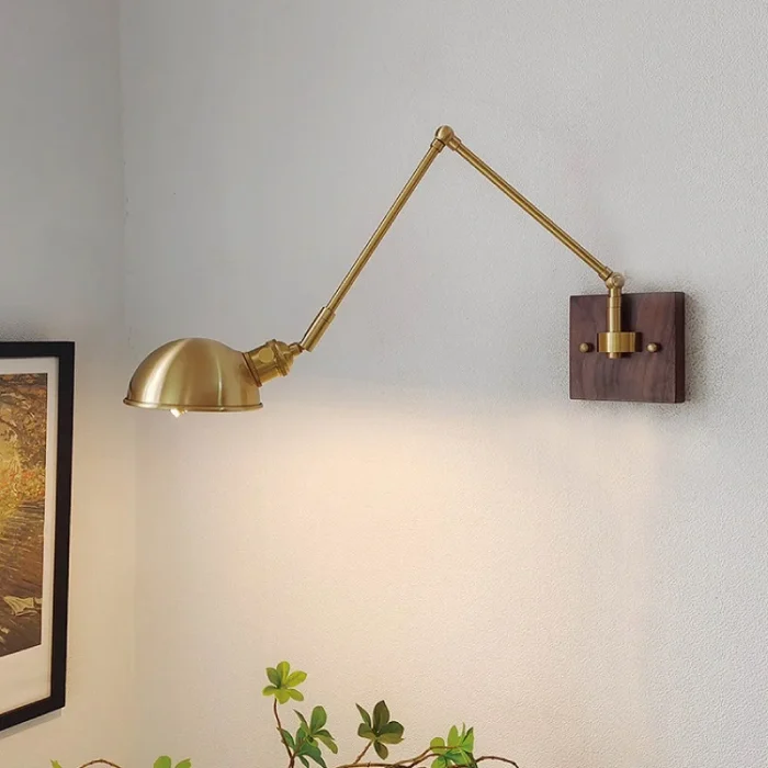 Retro Brass Walnut Wall Lamp Long Arm Telescopic Switch Bedroom Bedside Study LED E27 Reading Wall Lamp Room Lighting Fixture 2