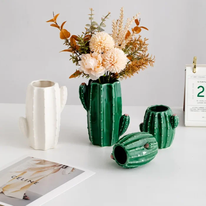 Creative White Ceramic Cactus Vase Ornament Living Room Bedroom Flower Arrangement Art Vase Christmas Background Decoration Vase 4
