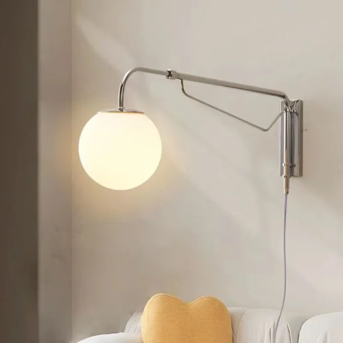 Telescoping Long Arm Wall Light Glass Ball Free Wiring with Plug Rocker Arm Nordic Bedroom Headboard Living Room Wall Lamps 5