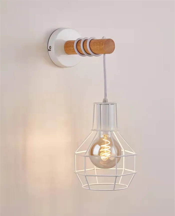 Retro Iron Cage Indoor Wall Light Fixture Modern Wood Arm Hanging Wall Lamp E27 Bedroom Bathroom Mirro Lights Porch Home Sconce 5