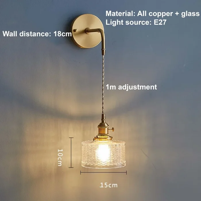 All Copper Glass Wall Lamp Simple Warm Bedroom Bedside Long Line Wall Lamp Interior Decoration Lighting Fixtures 6