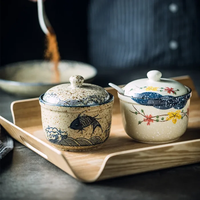 1pcs Ceramic Seasoning Jar With Lid And Spoon Kitchen Spice Jars For Salt/Sugar/Pepper/Tea Japanese Style Condiment Storage Box 1