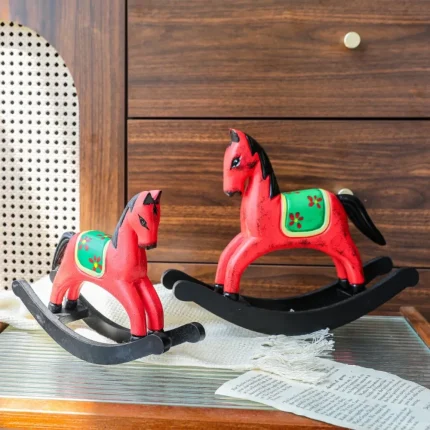 Creative Wooden Red Rocking Horse Sculpture Ornaments Living Room Entrance Office Tabletop Animal Display Crafts Christmas Gifts 2