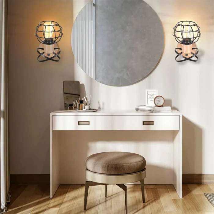Industrial Retro Wood LED Wall Lamps Iron Cage Vintage e27 Wall Light Fixture Bedroom Bedside Stair Aisle Corridor Porch Sconce 4