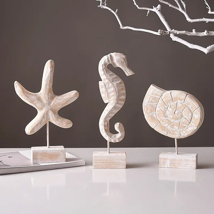 3pcs Wood Handmade Beach Nautical Style Figurines Starfish/Conch/Seahorse Statue Home Decor 2