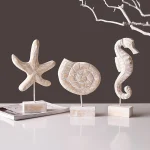 3pcs Wood Handmade Beach Nautical Style Figurines Starfish/Conch/Seahorse Statue Home Decor 1