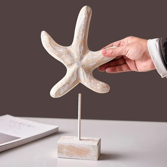 3pcs Wood Handmade Beach Nautical Style Figurines Starfish/Conch/Seahorse Statue Home Decor 4