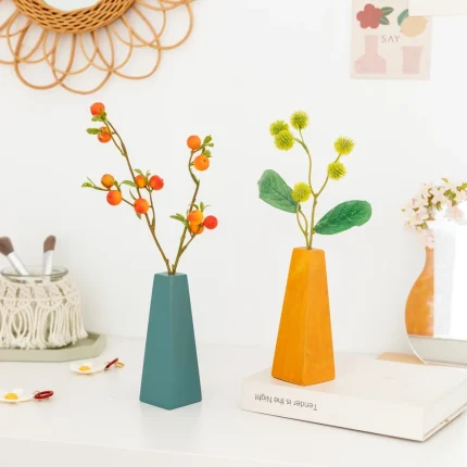 Vintage Home Artificial Flower Small Vase Arrangement, Wooden Vase, Simulation of Green Plants,Bedroom Dining Table Decorations 2