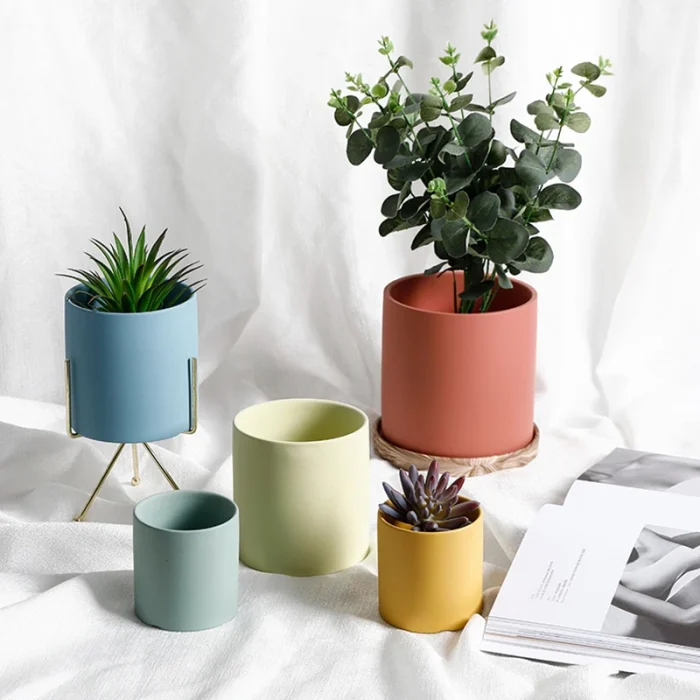 Nordic Industrial Style Colorful Ceramic Flowerpot Succulent Planter Pot With Hole Tray Green Plants Cylindrical Shape Flower 4