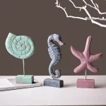 3pcs Wood Handmade Beach Nautical Style Figurines Starfish/Conch/Seahorse Statue Home Decor 3