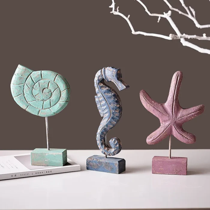 3pcs Wood Handmade Beach Nautical Style Figurines Starfish/Conch/Seahorse Statue Home Decor 3