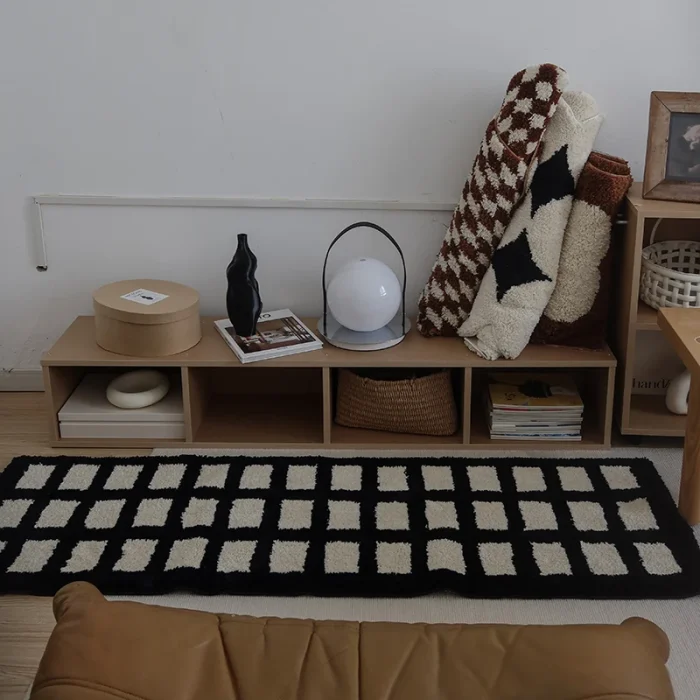 Tufting Black White Grids Bedside Rug Soft Geometric Carpet Bathroom Floor Pad Kids Room Bedroom Doormat Aesthetic Home Decor 3