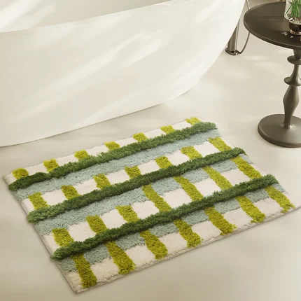 Tufting Checks Bathmat Chic Bathroom Rug Soft Fluffy Geometric Mat Carpet Floor Anti Slip Pad Aesthetic Home Room Green Decor 2
